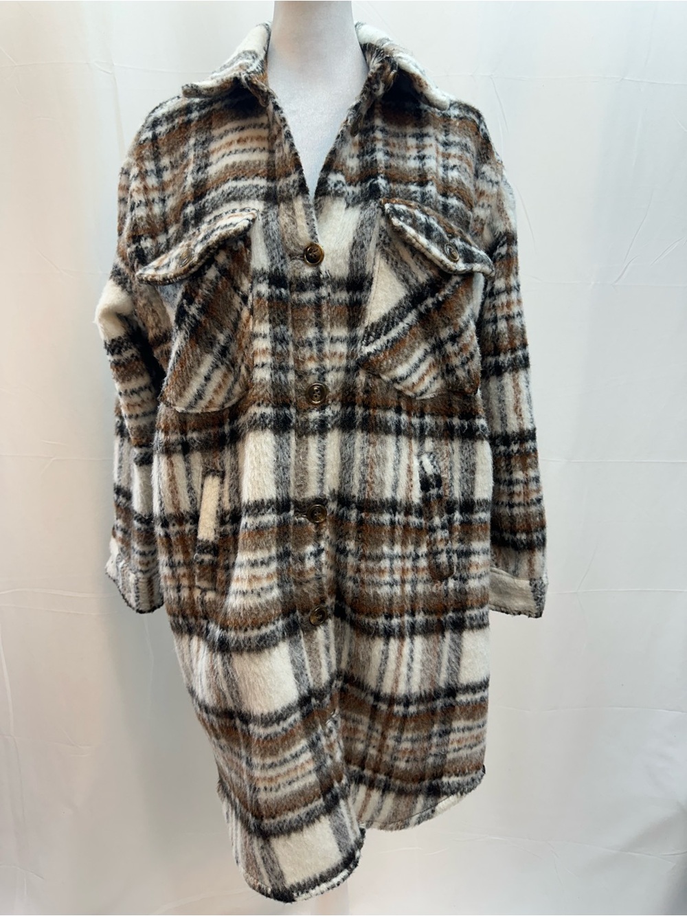 Blank NYC Cream Brown Black Plaid Teddy Shacket Jacket XS - Picture 1 of 4